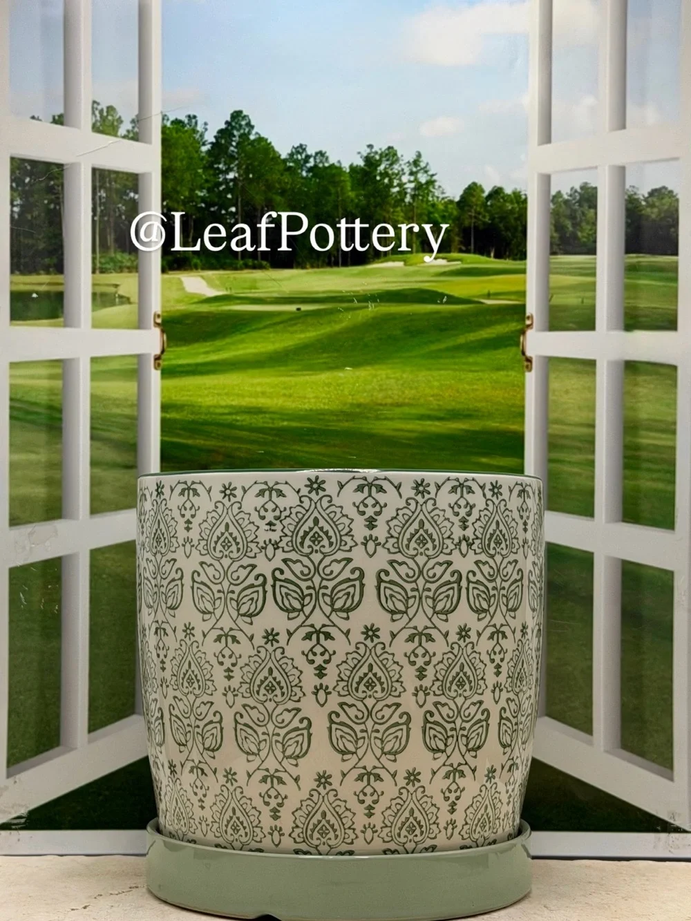Ceramic Planter with Saucer Attached 7 Inch | Green Patterned Flower Pot